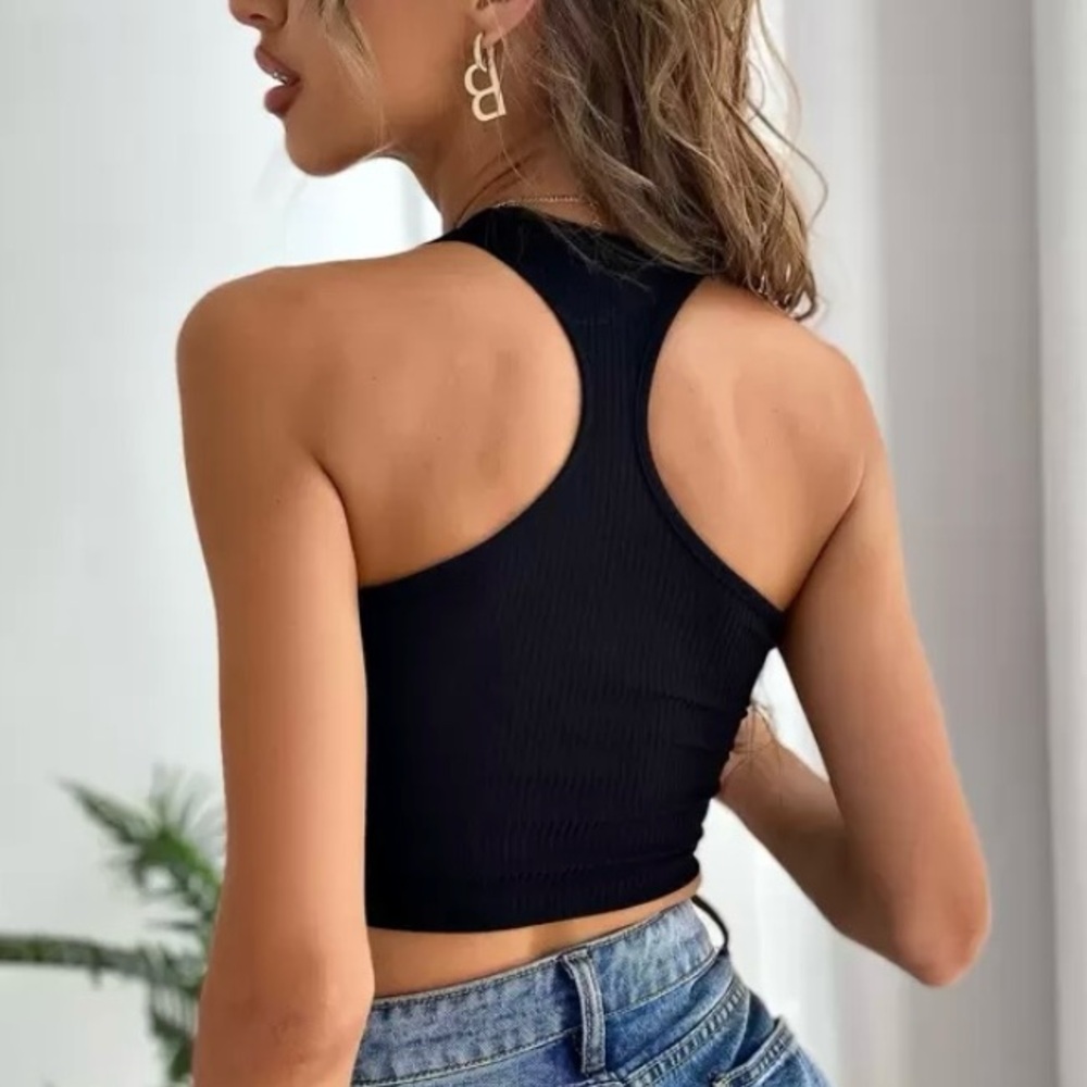 SHEIN Solid Black Ribbed Zip Front Racerback Crop Tank Top Womens XL - Picture 2 of 8